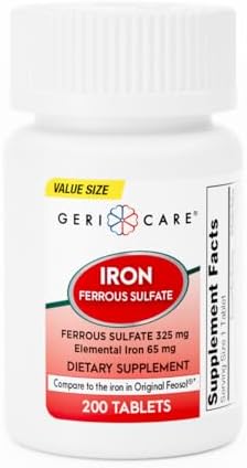 GeriCare Ferrous Sulfate Tablets 325mg, Elemental Iron 65 mg High Potency Iron Supplement | Dietary Supplement 100 Count. (Pack of 1)