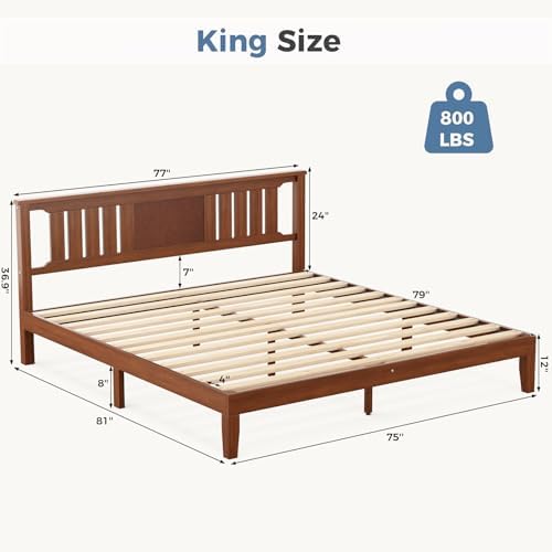 Solid Wood Bed Frame, Queen Size Platform Bed Frame with Headboard, Sturdy Wood Slat Support, Heavy Duty, No Box Spring Needed, Noise-Free, Easy Assembly
