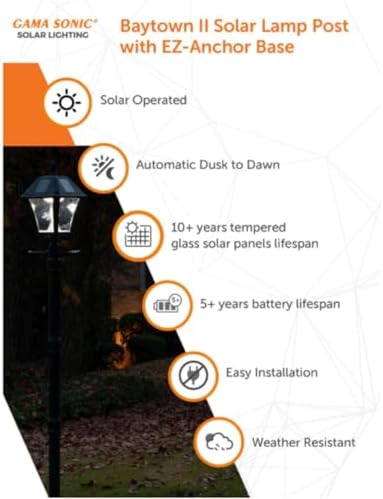 Gama Sonic Black Outdoor Solar Baytown II EZ Anchor Lamp Post, Bright White LED with EZ Anchor