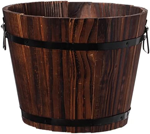 Rustic Wooden Whiskey Barrel Planter with Durable Medal Handles and Drainage Hole - Perfect for Indoor and Outdoor Plants, Herbs, and Vegetables - Medium
