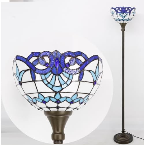 WERFACTORY Tiffany Floor Lamp Navy Baroque Stained Glass Torchiere Light | 12X12X71 Inches Pole Blue Standing Corner Torch Uplight Decor Bedroom