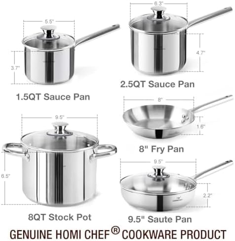 HOMICHEF 14-Piece Nickel Free Stainless Steel Cookware Set - Nickel Free Pots and Pans Set - Non-Toxic, Healthy Induction Cookware