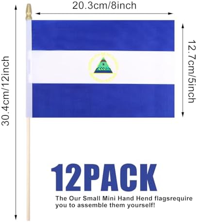 12 Pack Nicaragua Miniature Small Wooden Stick Flags Nicaraguans Mini Handheld Flag Patio Lawn & Garden Outdoor Decorations,8x5 Inch