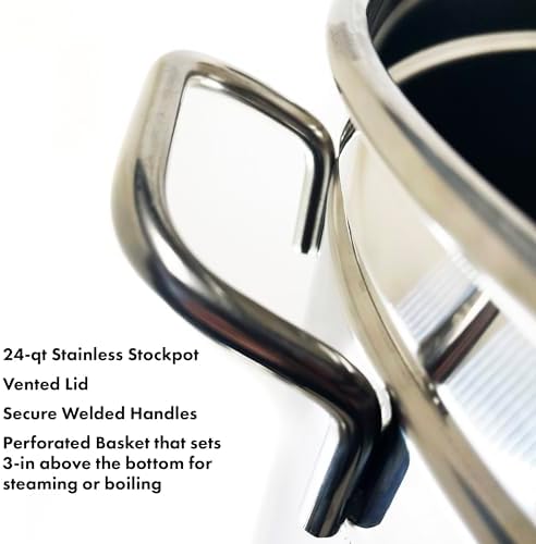 Bayou Classic 1124 24-qt Stainless Stockpot w/Lid And Basket Includes Vented Lid Perforated Stainless Steel Basket Perfect For Steaming Boiling and