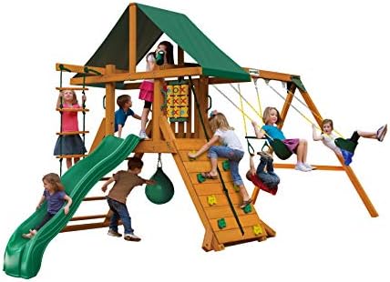 Gorilla Playsets 01-1059-AP High Point Wood Swing Set with Green Vinyl Canopy, Two Swings, Rock Climbing Wall, Slide, Amber