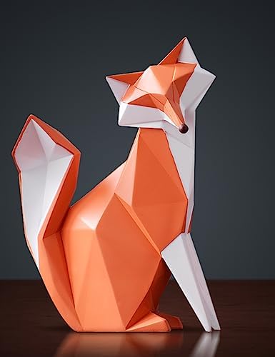 HAUCOZE Fox Statue Figurine Animal Sculpture Modern Home Decor 8.3 Inch | Orange Resin Geometric Art Birthday Holiday Gift Handmade Ornament for