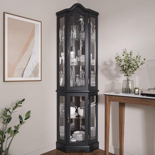 BELLEZE Lighted Corner Display Curved Top Curio Cabinet Wooden Shelving Unit with Tempered Glass Door