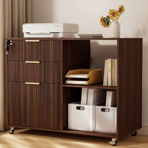 3 Drawer Fluted Mobile Filing Cabinet with Lock, Lateral Rolling Under Desk File Cabinet, Wooden Printer Stand Table for Home Office Essentials Storage Organization Furniture Letters/A4(Oak)