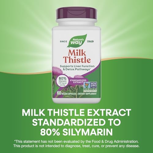 Nature's Way Milk Thistle Capsules, Supports Liver Function*, Vegan, 60 ct | Supports Liver Function & Liver Detox Pathways*, 175 mg Milk Thistle Seed Extract Standardized to 80% Silymarin per Serving