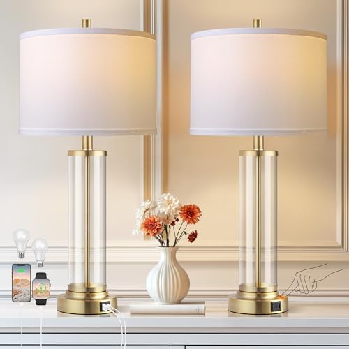 QiMH Lamps for Bedrooms Set of 2, Touch Control Table Lamps with USB A+C Ports, 3-Way Dimmable Bedside Lamp with Fabric Lampshade