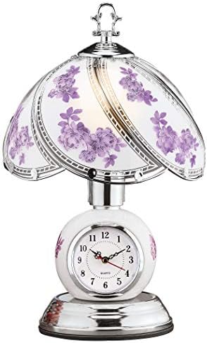 Collections Etc Rose Glass Panel Touch Lamp with Analog Clock - Silver-Toned Base - 3 Levels of Brightness - Glass, Metal - 9" Dia x 14.5" H