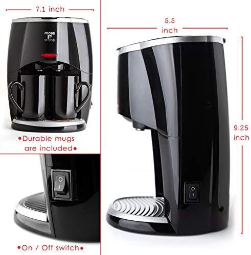 Moss & Stone 2-Cup Mini Drip Coffee Maker with 5oz Mugs, Small Coffee Pot