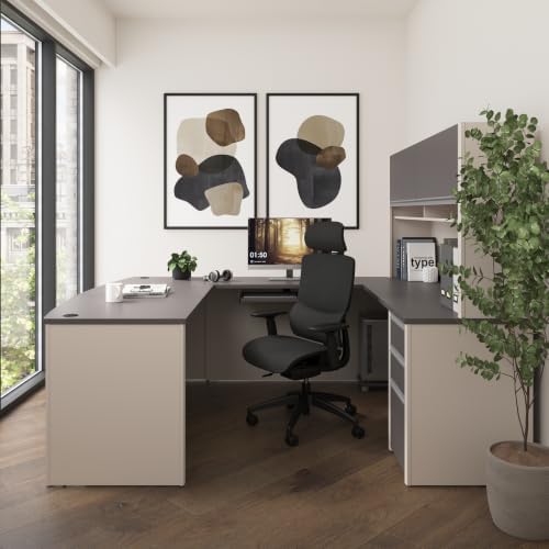 Bestar Connexion U-Shaped Workstation with Three Drawers, 72W, Slate/Sandstone | With Three Drawers; Durable 1" commercial grade work surface with melamine finish that resist scratches; for home office use