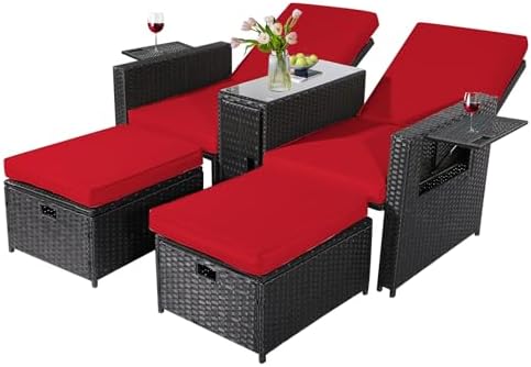 5PCS Outdoor Wicker Chaise Lounge Chair - Rattan Adjustable Reclining Patio Lounge Chair with Ottoman and Coffee Table