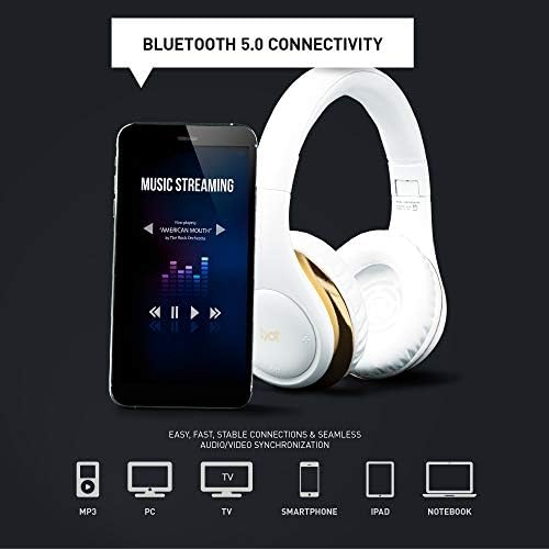 iJoy ISO Bluetooth 5.0 Wireless Over Ear Foldable Stereo Headphones with 30 Hours Battery and Built-in Microphone, (White/Gold)