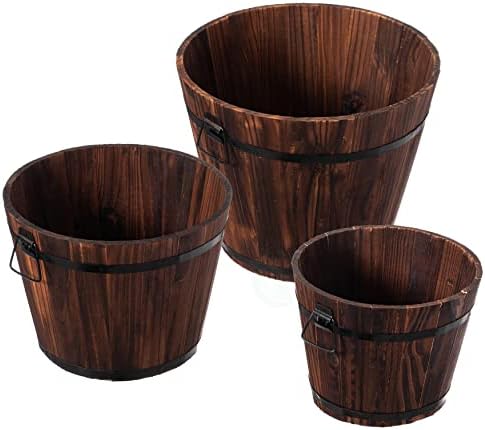 Rustic Wooden Whiskey Barrel Planter with Durable Medal Handles and Drainage Hole - Perfect for Indoor and Outdoor Plants, Herbs, and Vegetables - Medium