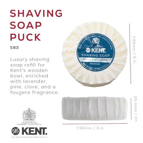 Kent SB2 Shaving Soap Puck Refill for Men for Shaving Soap Bowl Use with Shaving Brush for Men, Luxury Shave Barber Soap Made with Extracts of Coconut, Sgea, Jaboba Made in England