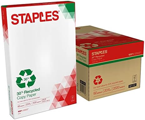 Staples 30% Recycled 8.5-Inch X 11-Inch Copy Paper 20 Lbs 92 Brightness 500/Ream, For Office, School & Home