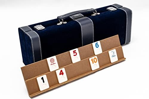 Bello Games New York, Inc. Spring Street Deluxe Designer Rummy Game Set with Wooden Racks and Large Size Engraved Numbers in a Blue Velour Case