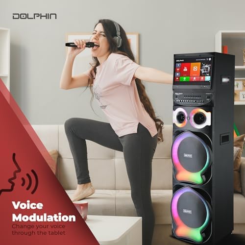 Dolphin Karaoke Machine with 2 Wireless Microphones, Dual 12" Woofers | 200W RMS, 15.4" Touchscreen, Android, Bluetooth, HDMI, WiFi, USB, TF