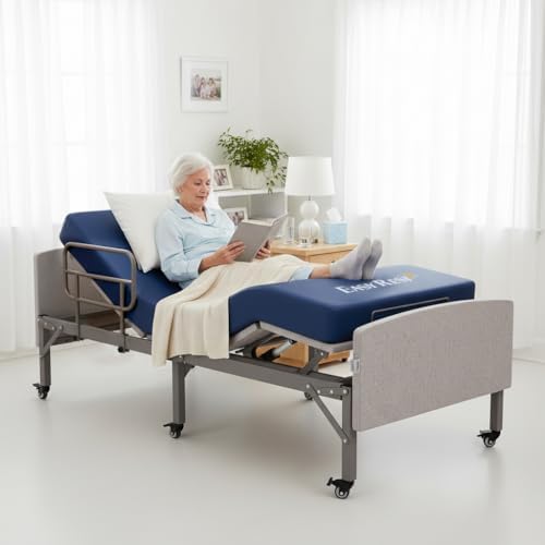 Adjustable Hospital Bed for Home Use with Hospital Mattress | Wooden Bed Deck, Headboard & Footboard, Wireless Remote, Mobility Support, Locking Casters,750 LBS Capacity