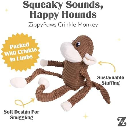 ZippyPaws Crinkle Monkey for Medium-Extra Large Dogs, Extra Large/Brown | Interactive Dog Toys to Keep Them Busy, Squeaky Plush Pet Toy for All Breeds