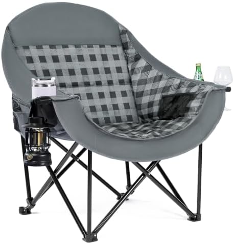 Oversized Camping Chairs for Adult - Heavy Duty Padded Portable Folding Chair XL Collapsible Camp Chair with Cup Holder Side Pocket for Outdoor Lawn Beach Sport Fishing Support 500LBS, Grey