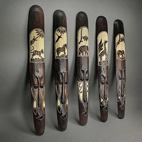 Zeckos Set of 5 African Tribal Mask Wall Hangings, 39 Inch Hand-Carved Wood | Hand-Stained and Hand-Painted Details, Crafted by Indonesian Artisans