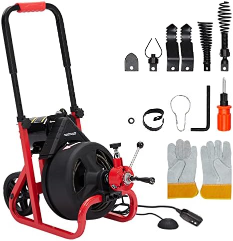 PioneerWorks Electric Drain Snake, 75Ft 1/2 Inch Auto-Feed Electric Drain Auger, Sewer Snake Machine with 6 Cutters & Glove for 2-4 Inch Pipes