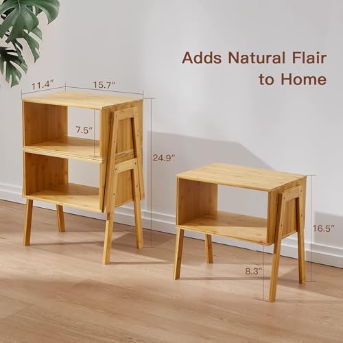Pipishell Nightstands Set of 2, Bamboo Stackable Bedside Table, Night Stands with Storage Shelf, Small Bed Side Tables, 2-Tier End Table for Bedroom