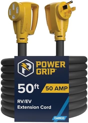 Camco Power Grip 25-Ft 50 Amp RV Extension Cord - NEMA 14-50P Male & FSS2-50R Locking Female Connectors - Rated for 125/250 V/12,500 W - Features Copper 6/3 + 8/1-Gauge Wires for Conductivity (55542)