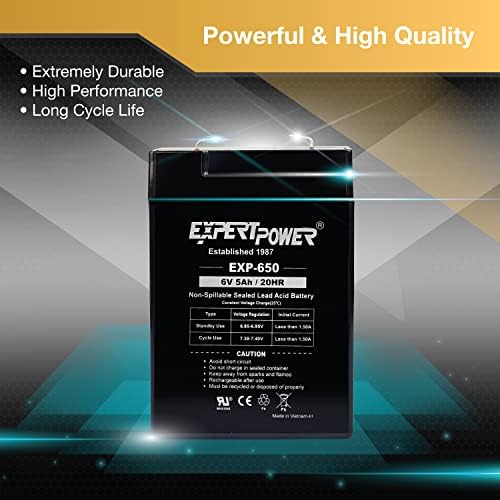 ExpertPower EXP650-6V 5Ah / 20HR SLA Rechargeable 6V Battery for Ride on Toys, Emergency Light, Exit Sign Battery Replacement, Sealed Lead Acid 6 Volt Batteries with F1 Terminals