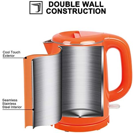 Secura Stainless Steel Double Wall Electric Kettle Water Heater for Tea Coffee w/Auto Shut-Off and Boil-Dry Protection, 1.0L (Orange) SWK-1001DO/HB-K012