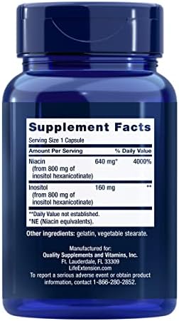 Life Extension No Flush Niacin, B3 for Heart Health, Cholesterol & Energy Support, Non-GMO, Gluten-Free, 100 Capsules