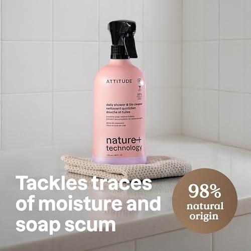 ATTITUDE Shower & Tile Cleaner Spray, EWG Verified, Bathroom Cleaner Removes Soap Scum & Grime, Plant-Based & Vegan, Citrus Zest Scent, 27.1 Fl Oz