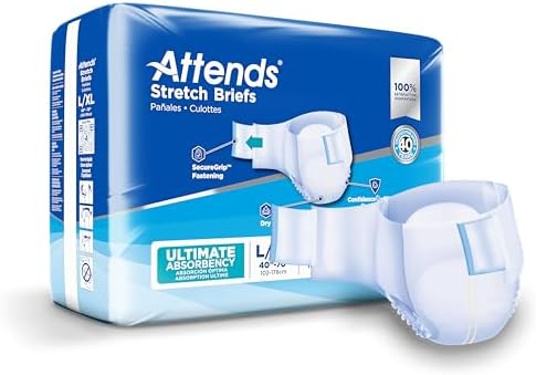 Attends Stretch Adult Incontinence Disposable Briefs, Large/X-Large, 40"-70" Waist with SecureGrip Tab Closure, Ultimate Absorbency with Dry-Lock Containment Core and Breathable Side Panels, 96ct Case
