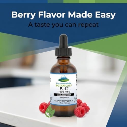 Pure Mountain Botanicals B12 1000 mcg - B12 Complex - Natural Berry Flavor - 30 Servings - Liquid Drops Vitamin - Kosher Supplement
