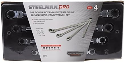 Steelman Pro Flexible Double Box-End Universal Spline Reversible Ratcheting Wrench Set, 72-Tooth Mechanism, 4-Piece SAE