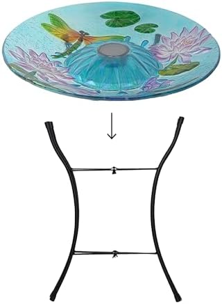 Teamson Home Handpainted Dragonfly Fusion Glass Solar Birdbath Bowl Feeder with LED Light for Outdoor Patio Garden Backyard Decking Decor