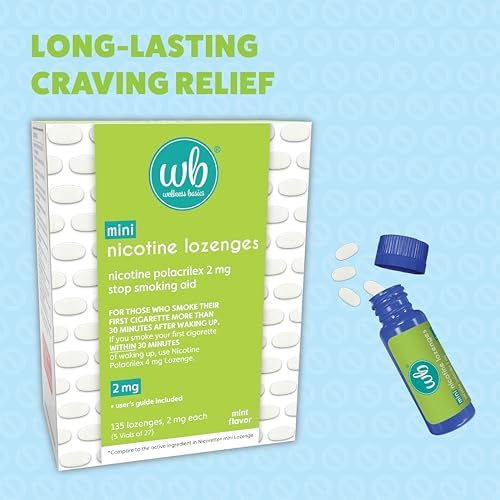 Wellness Basics Mini Nicotine Lozenge 2mg | Stop Smoking Aid | Mint Flavor | 135 Count | Pack of 5 Vials | Reduces Cravings & Withdrawal Symptoms
