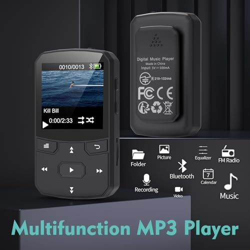RUIZU 64GB Clip MP3 Player with Bluetooth 5.3, Lightweight 1 oz | Portable Music Player for Sports Running, Physical Buttons, FM Radio, Voice Recorder, Sleep Timer, Up to 128GB microSD Card