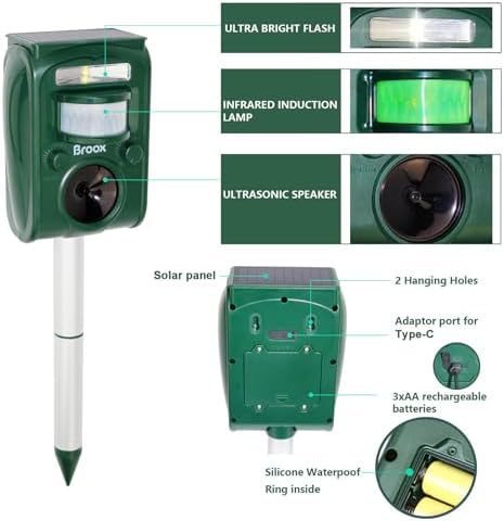 Broox 2026 Upgraded Solar Animal Repellent, Cat Repellent Outdoor, Squirrel Repellent, Deer Repellent, Ultrasonic pest Repeller, Waterproof IP 65