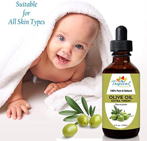 Tropical Holistic Extra Virgin Organic Olive Oil 4 oz - Cold Pressed Unrefined - Use For Face, Skin, Hair, Dry Scalp, Massage