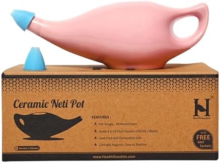 HealthGoodsIn Ceramic Neti Pot, Dishwasher Safe, Premium Handcrafted with 2 Silicone Nozzle and Salt for Sinus - 225 Ml. Capacity (Brown)