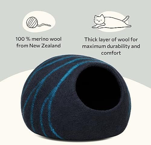 Cat Cave – Premium Felt Cat Bed for Indoor Cats, Handmade 100% Merino Wool (Large, Black Aqua)