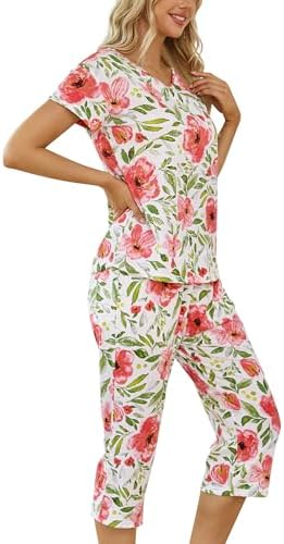 ENJOYNIGHT Womens Pajama Set Cotton Summer Pj Top with Capri Pant Sleepwear