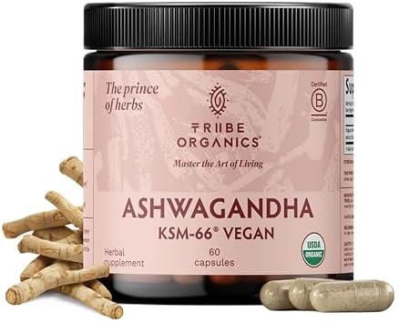 TRIBE ORGANICS Vegan Ashwagandha KSM 66 Pure Organic Root Powder Extract Ayurvedic Supplement - Focus Mood Support Increase Energy Strength 600mg of
