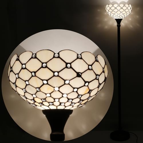WERFACTORY Tiffany Floor Lamp Cream Amber Stained Glass Torchiere Light | 12X12X71 Inches Pole Standing Corner Torch Bead Uplight Decor Bedroom