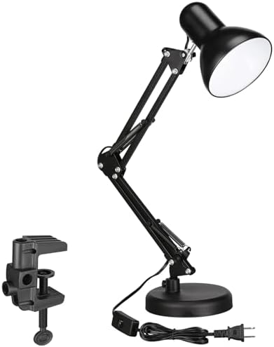 TORCHSTAR Metal Desk Lamp, Adjustable Swing Arm, E26, Black | Architect Gooseneck Multi-Joint Clip Table Lamp with Plastic Clamp, for Home Office, Work, Study, Reading, Bulbs not Included