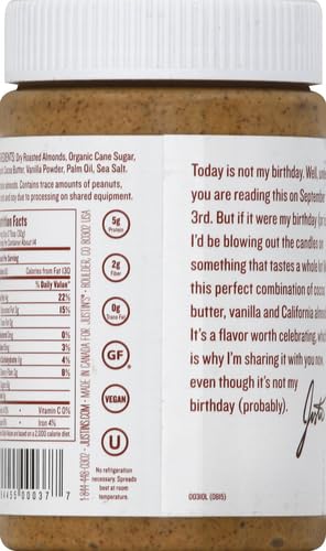 Justin's Vanilla Almond Butter, Gluten-free, Non-GMO, Vegan, Sustainably Sourced, 16 Ounce Jar